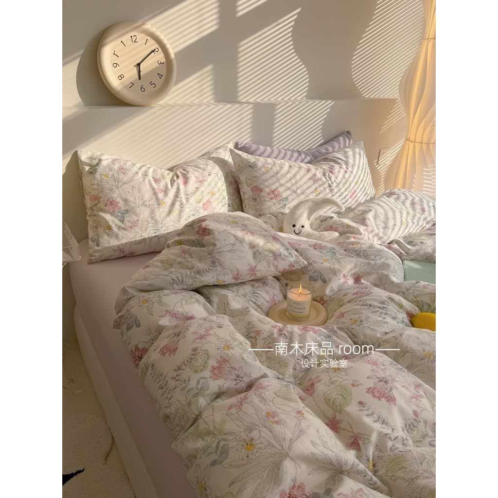 Coleção Poema Rosa | Estilo Pastoral suave roxo flor impressa algodão conjunto de quatro peças 1.8m lençol estilo algodã