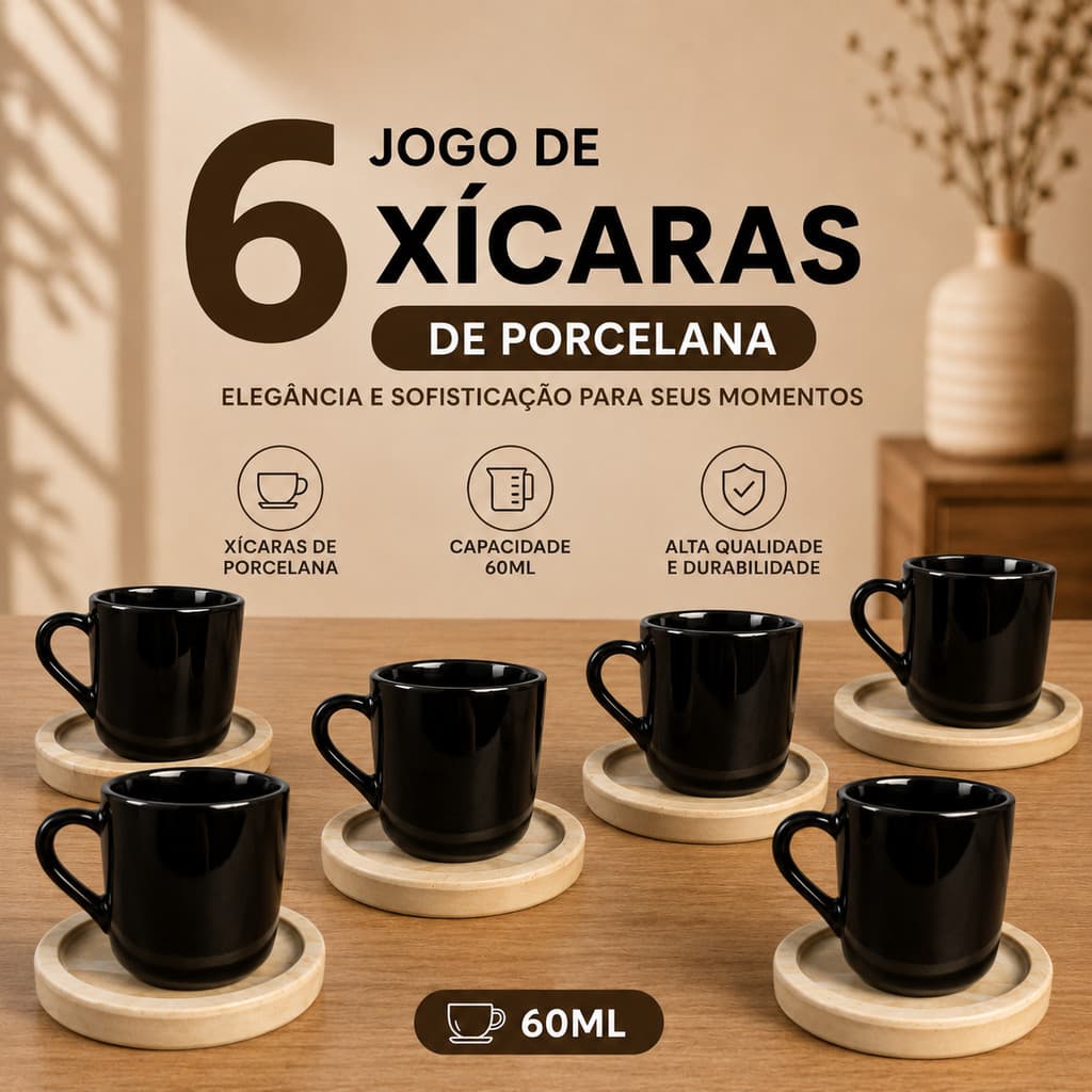 Jogo 6 Caneca Xicara Café 60 ML Chá Porcelana Preta Pires Madeira Kit Mesa Posta Cantinho Do Café