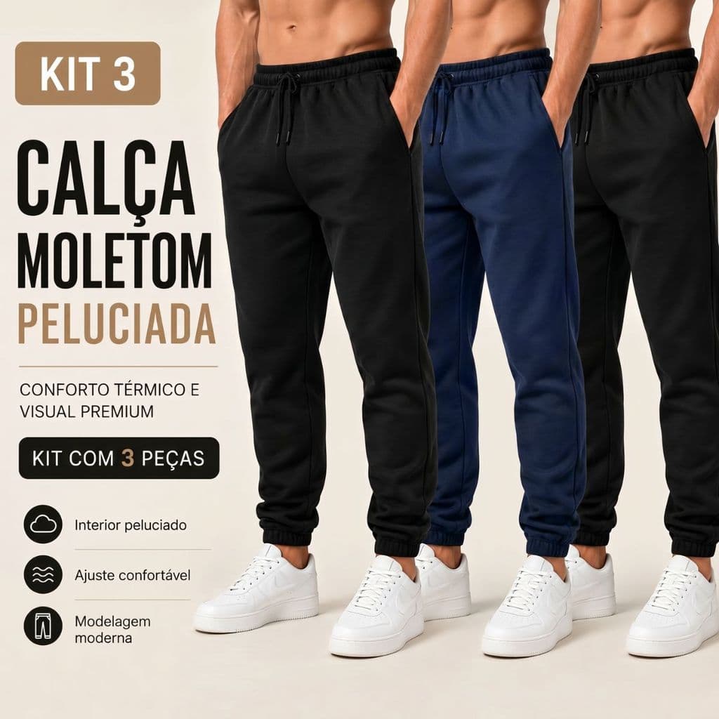 Kit 3 Calça Moletom Peluciada Frio Inverno Masculina Com Bolso Lateral Punho E Cordão Ajustável