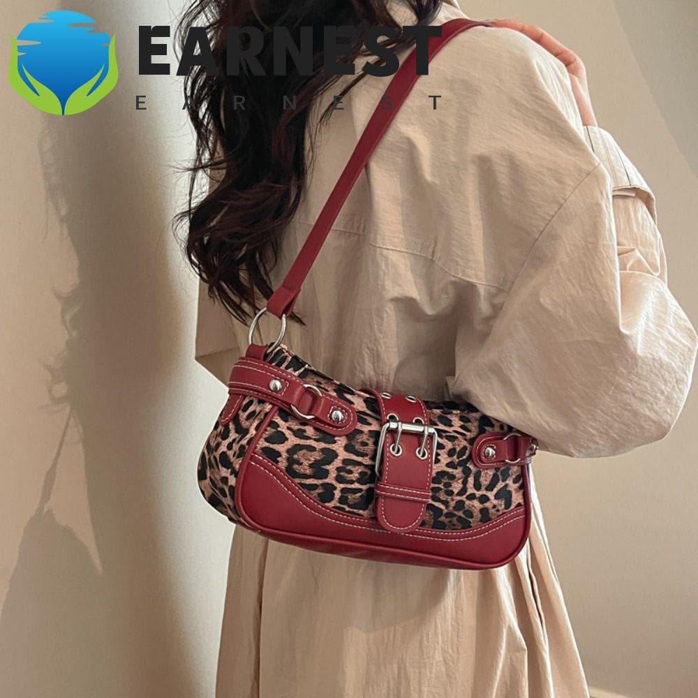 EARNEST Bolsa De Ombro Com Estampa De Leopardo , Retrô De Couro Pu Y2K Rebite Nas Axilas Fashion Para Motocicleta