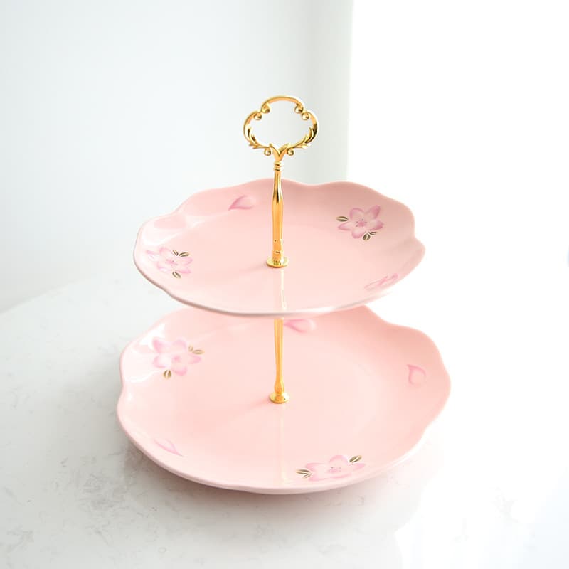Suporte para bolo de duas camadas em flor de cerejeira em relevo Prato de frutas para presente de casamento