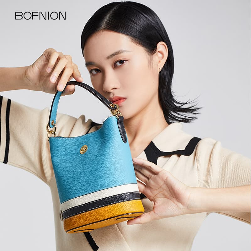 BOFNION bolsa feminina contraste cor novo estilo primeira camada de couro balde saco portátil mensageiro bolsa ombro tex