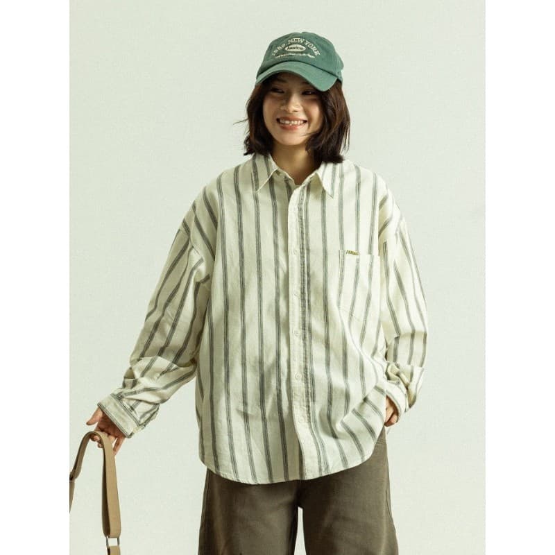 Primavera novo estilo de manga comprida branco Vertical listrado camisa das mulheres dos homens estilo preguiçoso solto