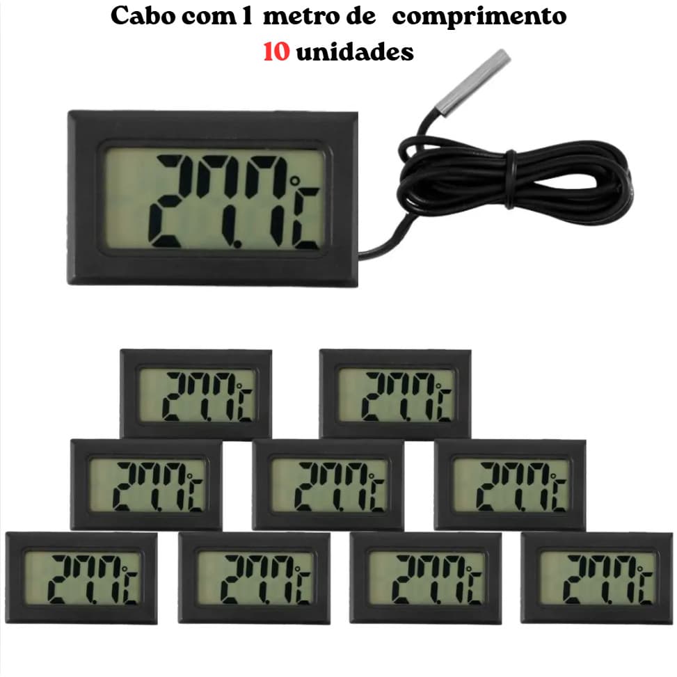 Kit 10 Mini Termômetro Digital LCD com Sensor Externo e Sonda à Prova d'Água para Aquário Geladeira Freezer