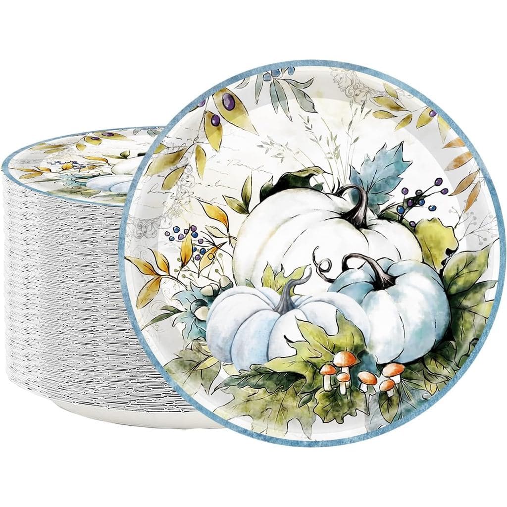 50 Pratos de Papel de Abóbora de 7" - Pratos de Papel Retro em Tons de Verde-Azulado para o Dia de Ação de Graças, Tema