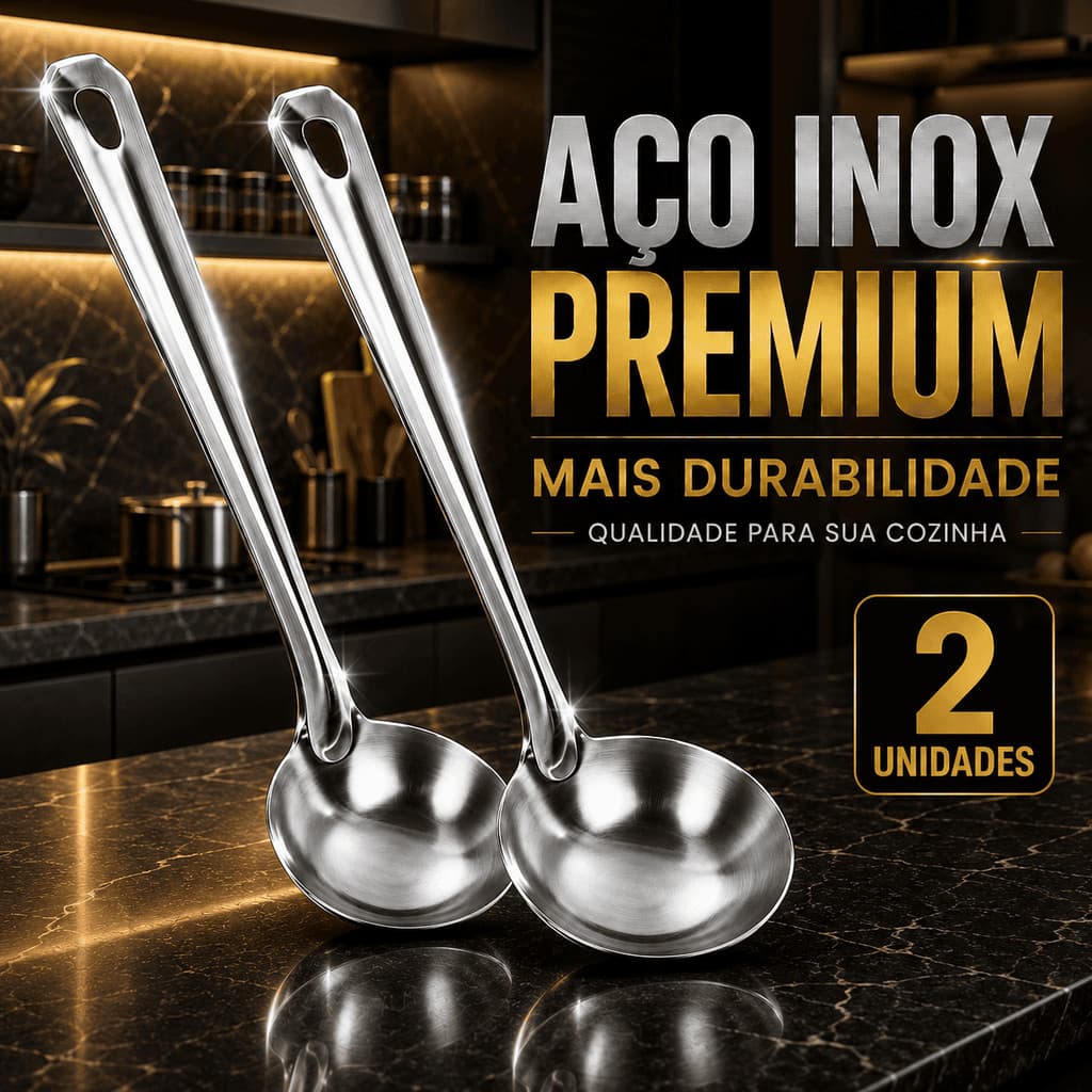 Kit 2 Unidades Concha de Inox 23cm Multiuso Feijão Caldo Sopa Cozinha Molhos Profissional Aço Inoxidável Utensílios