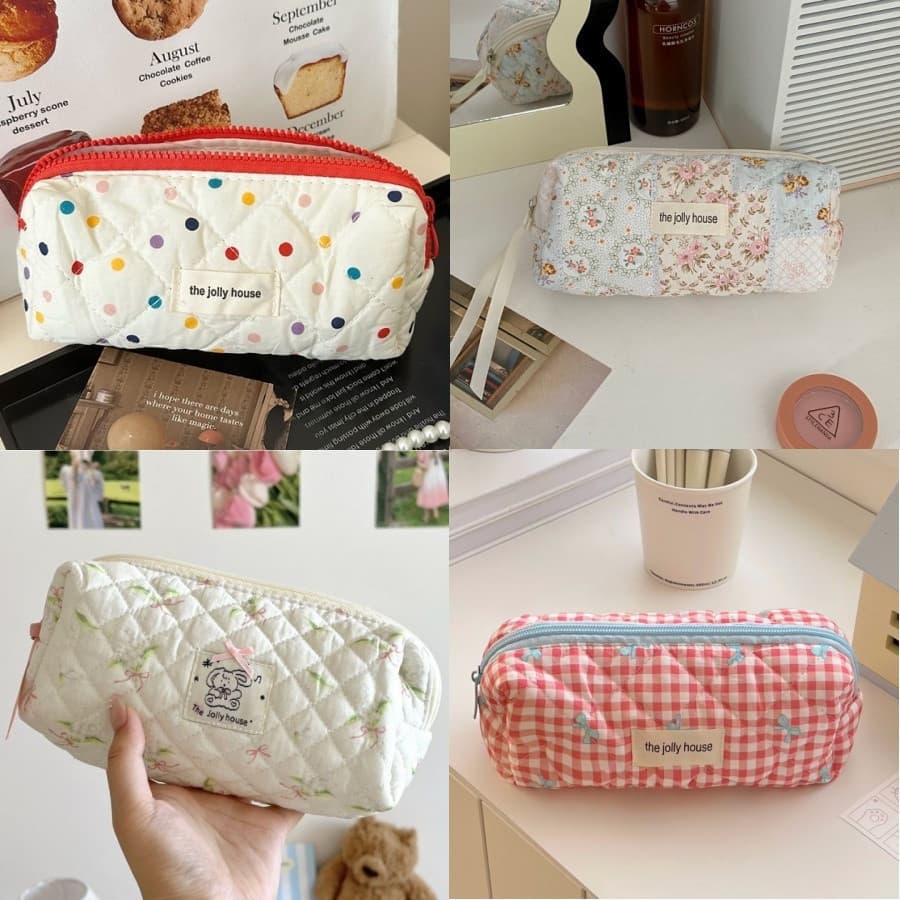 Bolsa de Cosméticos de Algodão Acolchoada Criativa, Laço Xadrez, Estojo de Lápis com Estampa Floral