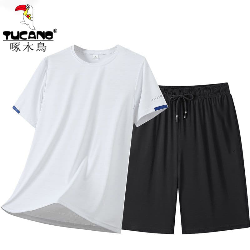 Woodpecker verão gelo seda de secagem rápida terno esportivo masculino conjunto completo solto tamanho grande roupas de