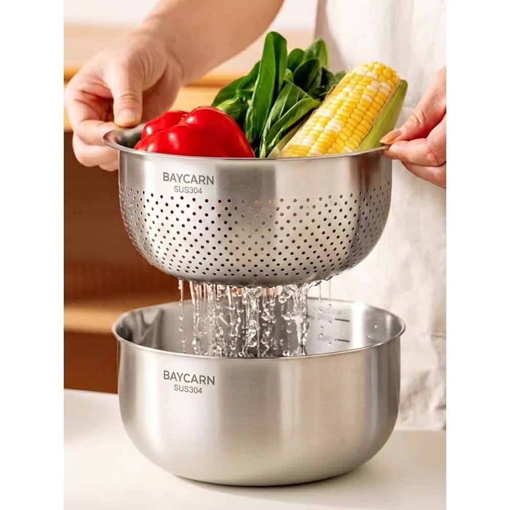 Bacia de aço inoxidável 304 Bacia de lavagem de vegetais Cesta de drenagem Filtro de lavagem de arroz Peneira de malha C