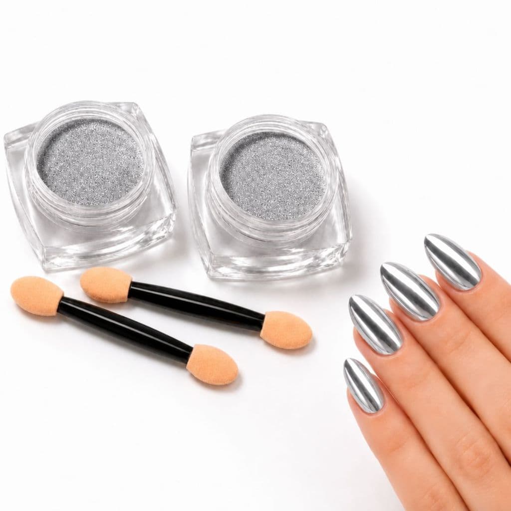 kit 2 Pó cromado metalizado para unhas efeito metálico Prata