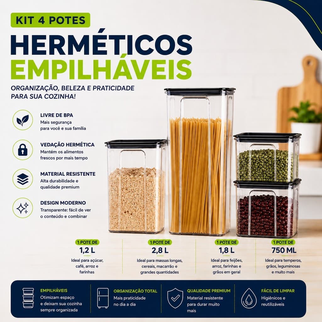 Kit 4 Potes Herméticos Empilháveis Transparente | Vedação Hermética