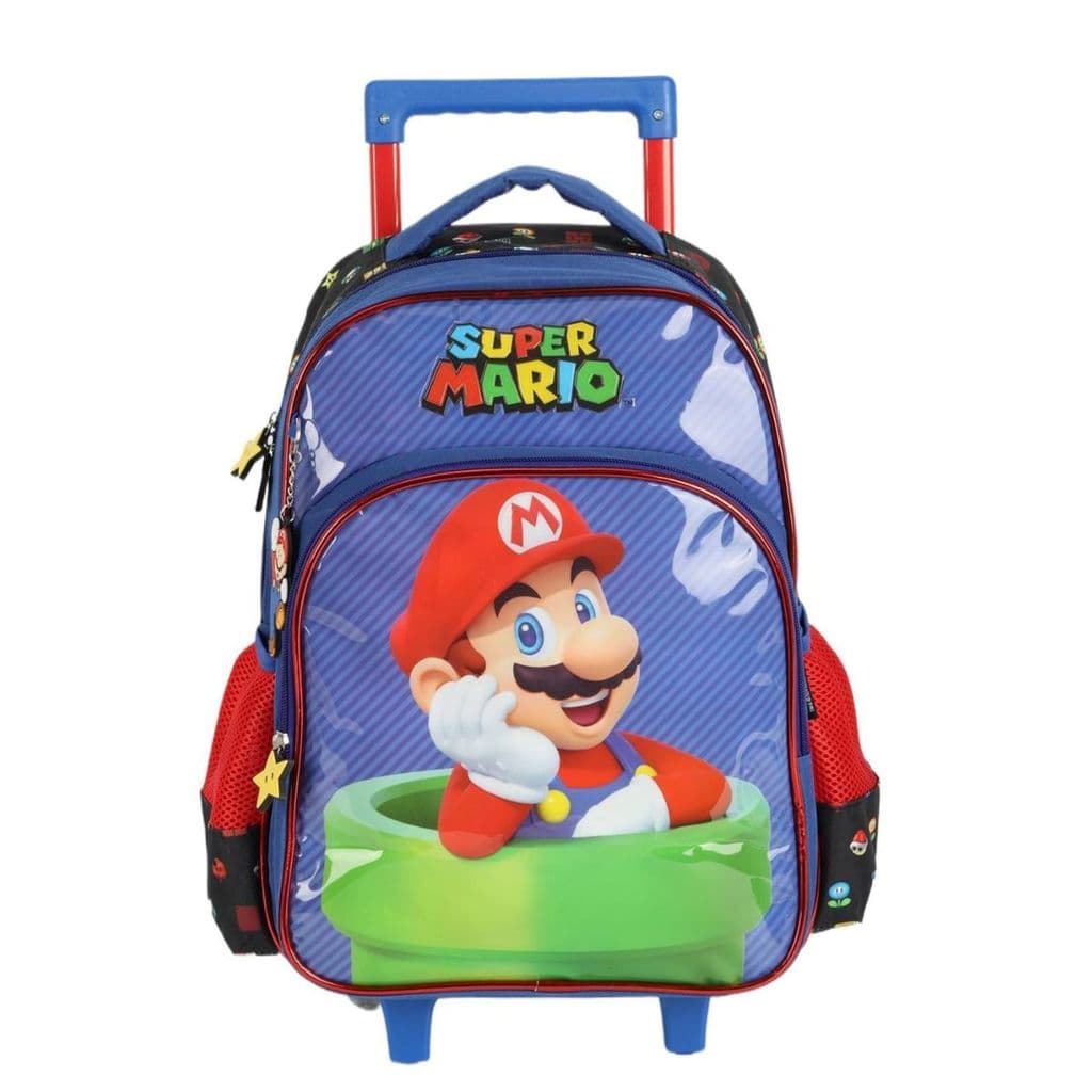 Mochila Rodinhas Super Mario Bros Escolar Infantil Azul Luxcel