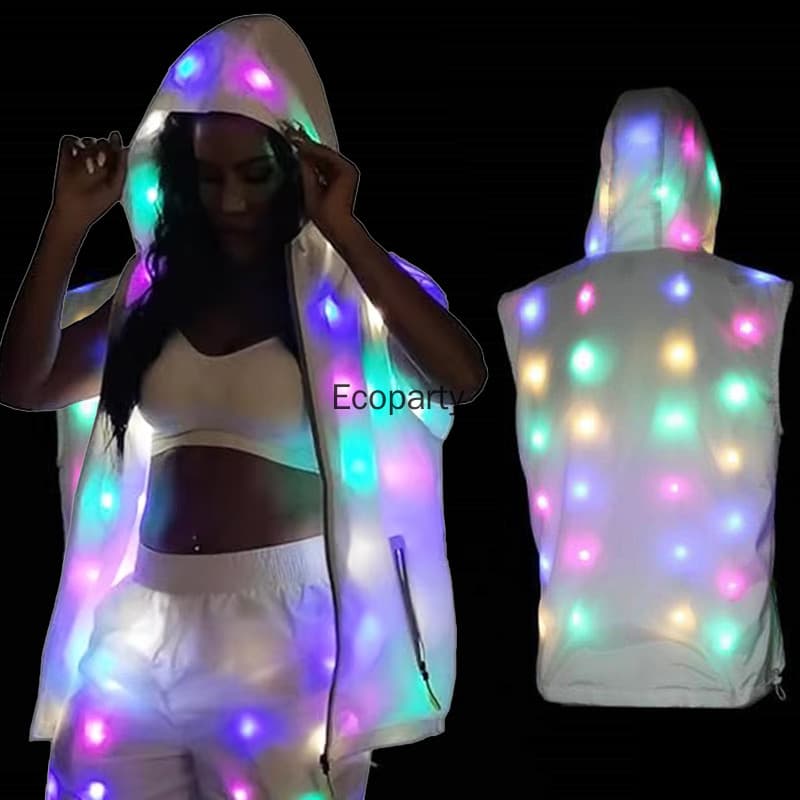 Homens Mulheres LED Brilho Dança Traje Branco Com Capuz Zíper Colete Luminoso Jaqueta Adulto Festa De Halloween Palco De