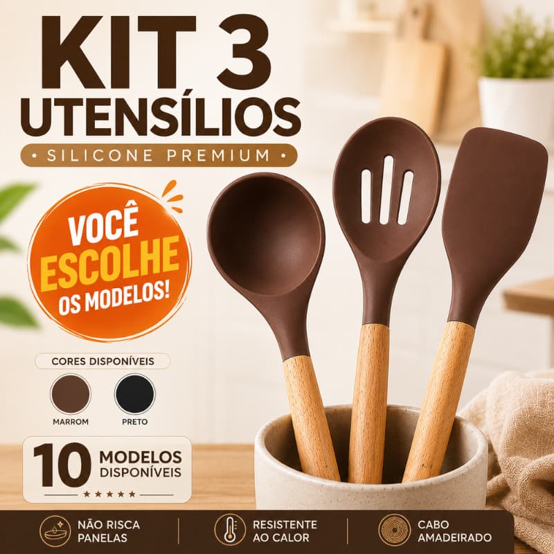 Kit 3 Utensílios Silicone Premium Cabo Madeira Concha Colher Espátula Antiaderente |8831-KIT| Promoção
