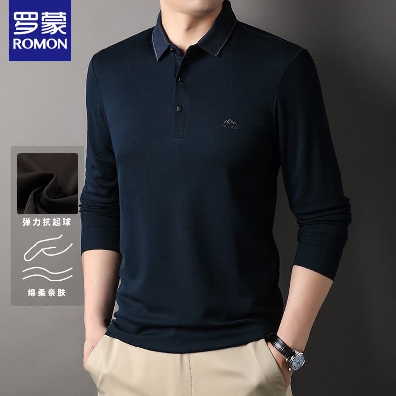 [Pele macia] Romon genuíno masculino negócios Casual camisa Polo outono meia-idade jovem moda lapela mangas compridas