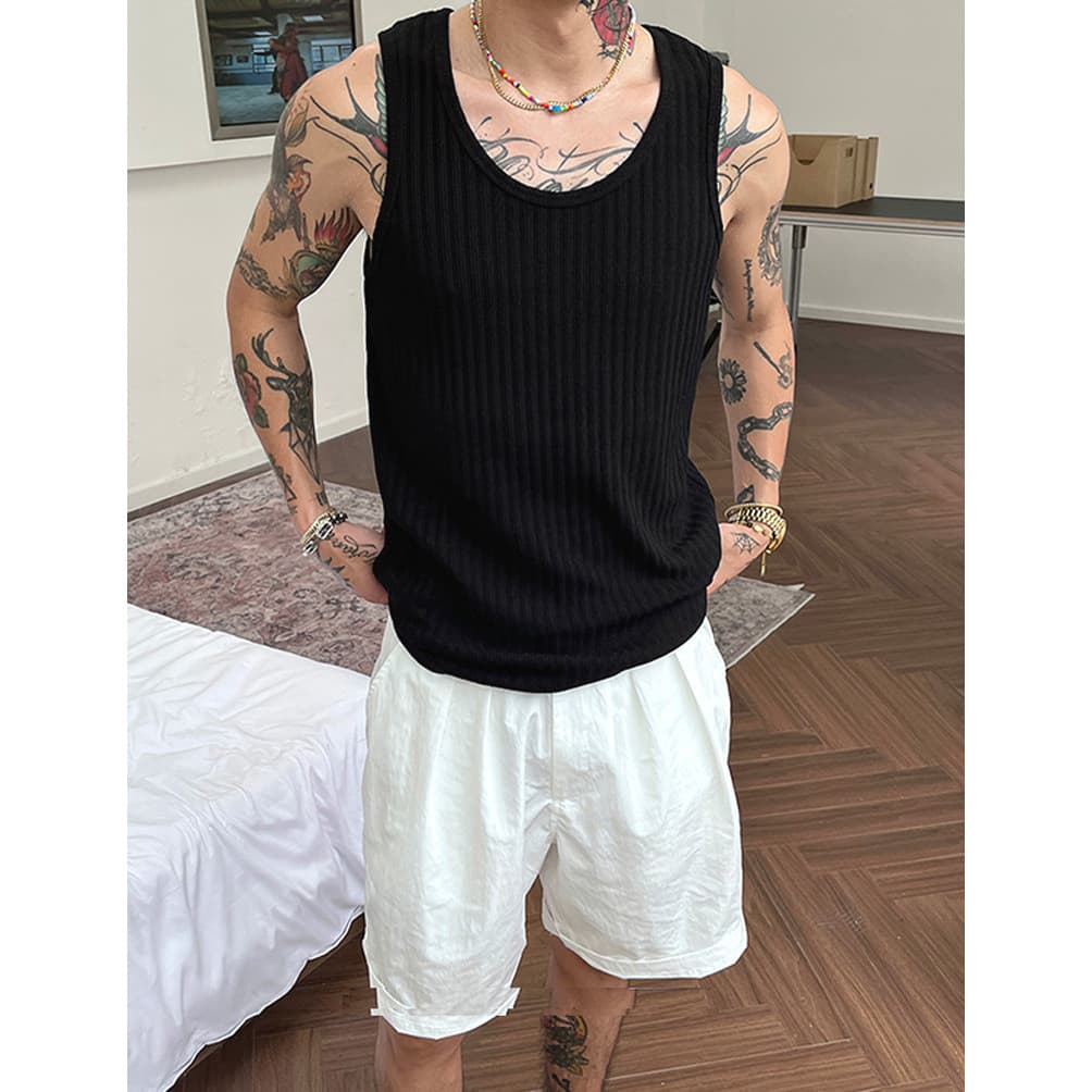 Americano baixo-pescoço Jacquard colete masculino textura plissada solta sem mangas camiseta de seda gelo com rosca gran