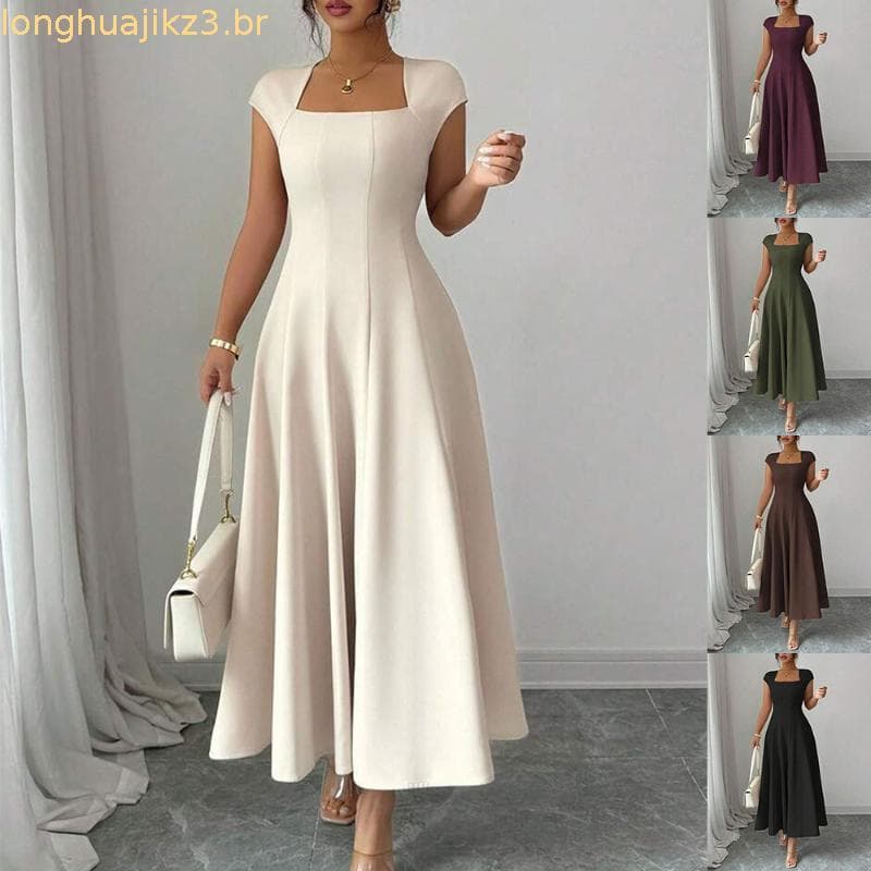 Vestido Longo Elegante de Manga Curta com Decote Quadrado em Cor Sólida para Mulheres