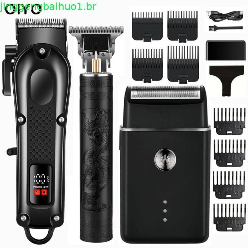 Conjunto Profissional de 3 Peças sem Fio para Homens, Kit de Aparador de Cabelo com Barbeador de Folha, Carregamento