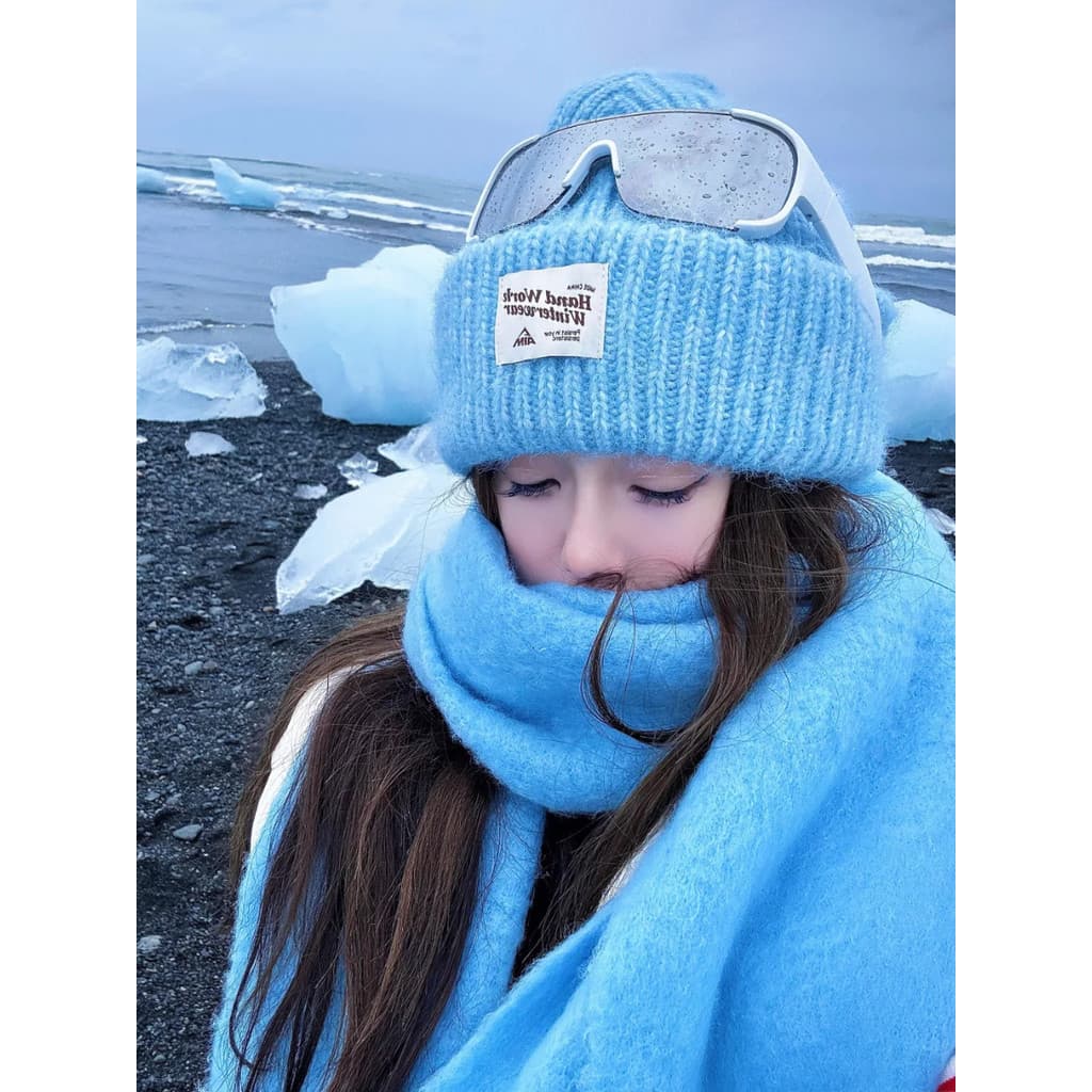 Chapéu de malha ceroso macio azul feminino outono inverno All-Match grande circunferência da cabeça chapéu de lã mostran