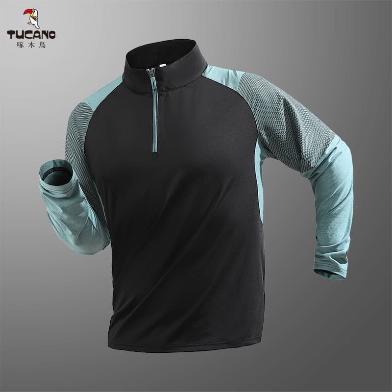Woodpecker masculino respirável estiramento roupas de secagem rápida montanhismo caminhadas meio zíper roupas de secagem