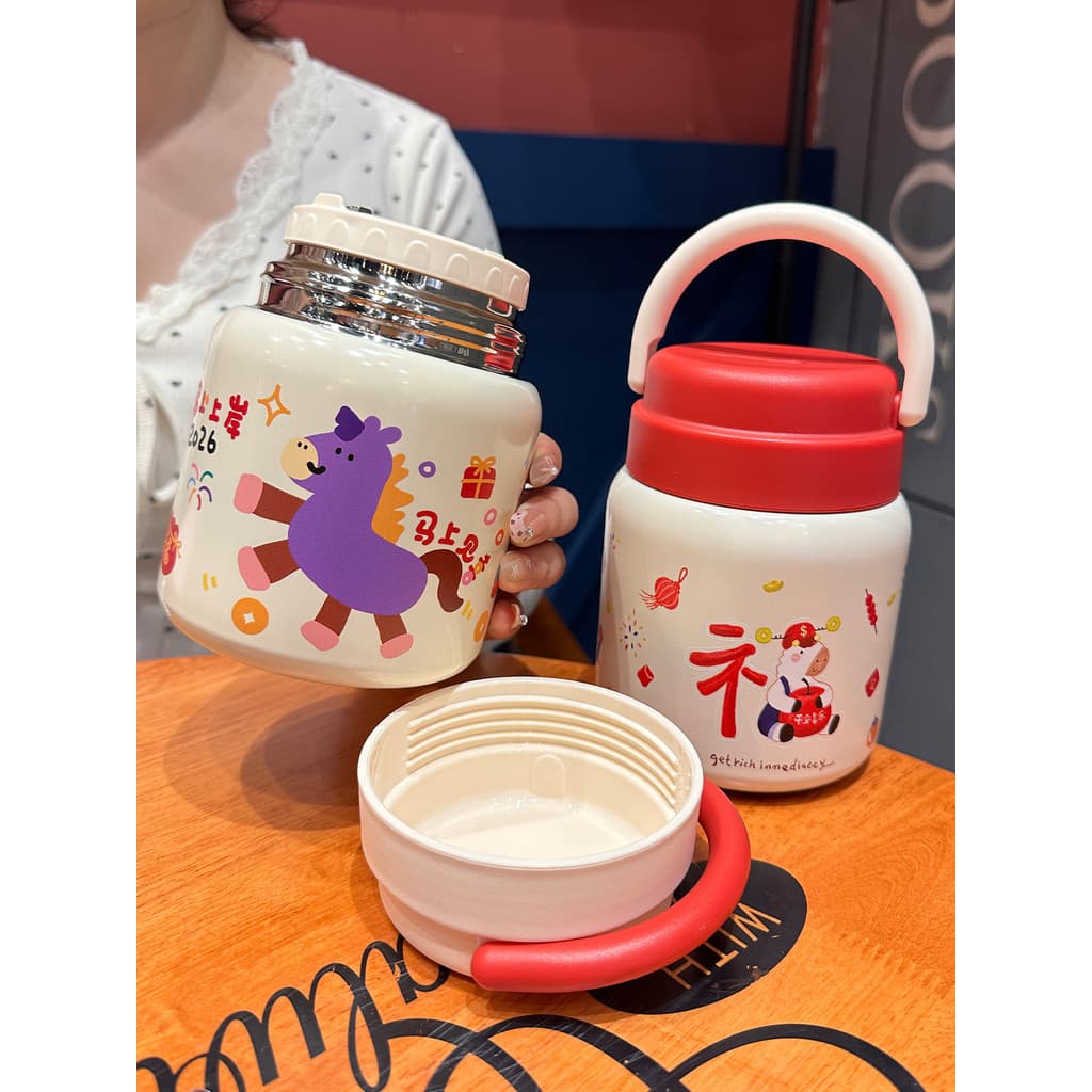 Ano Novo do Cavalo Novo Estilo Copo Refogado Congee Tremella Copo de Café da Manhã com Tampa Colher Senhoras Copo Térmic