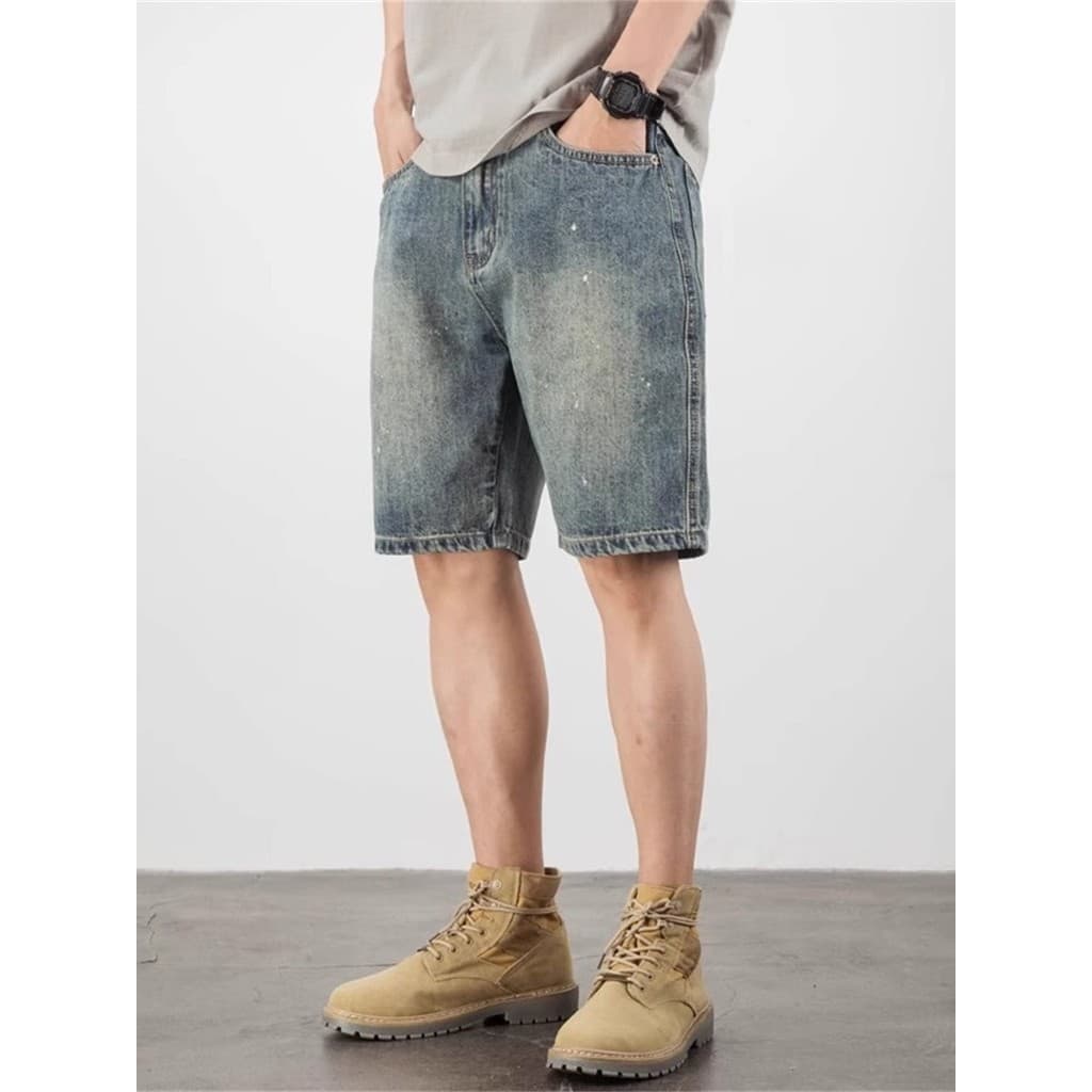 Verão novo estilo Retro em linha reta Denim shorts masculino Street Wear solto americano Casual respingo tinta calças de