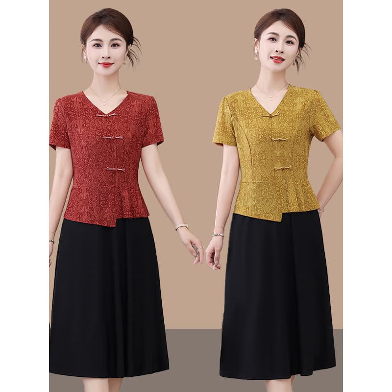 Novo chinês Retro falso vestido de duas peças feminino com decote em V manga curta saia de comprimento médio mais magro
