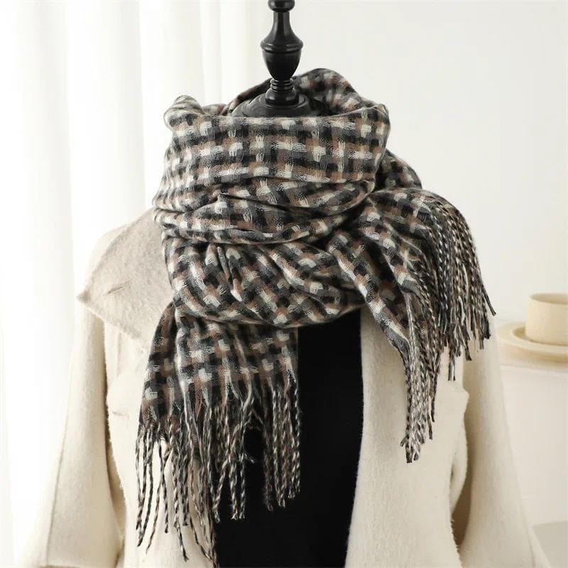Cachecol Feminino Luxo 2025 Envoltório Novo Outono Inverno Quente Moda Vintage Xadrez Borla Xale Neckerchief