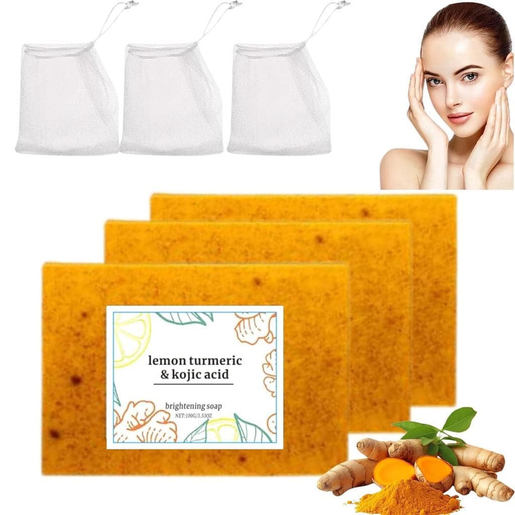 Sabonete/Sérum de Limpeza/Máscara Facial em Barra 3 Peças: Sabonete de Cúrcuma, Sabonetes de Limão, Cúrcuma e Ácido Kóji