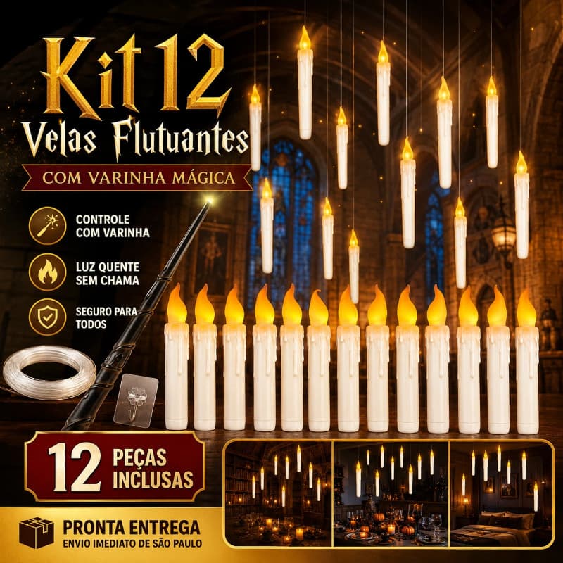 Kit 12 Velas Flutuantes Com Varinha Magica Harry Potter Vela De Led Suspensa Decoracao Halloween