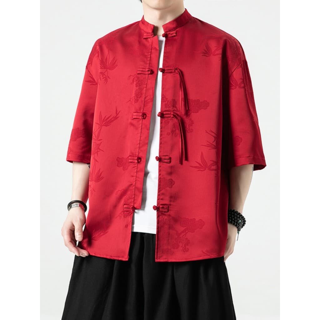 Verão fino gelo seda camisa de manga curta estilo chinês bambu Jacquard botão Tang terno novo estilo chinês estilo chinê