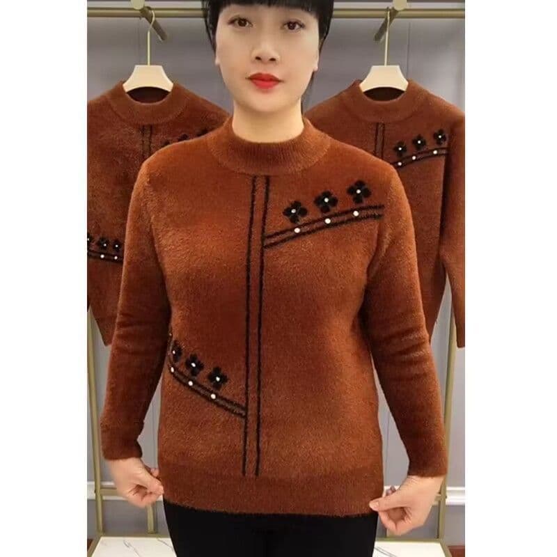 Mãe usar outono inverno novo estilo vison-como camisola de lã feminino de meia-idade idosos estiramento engrossado quent