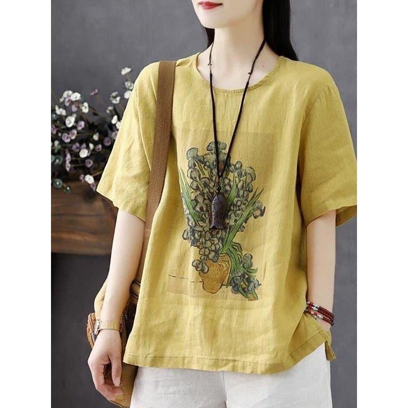 Algodão linho de manga curta camiseta feminina 2025 verão novo estilo Casual topo solto impresso tamanho grande camisa d