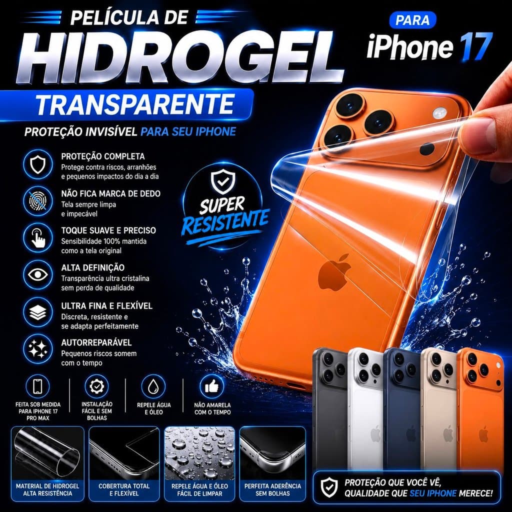 Pelicula transparente de Hidrogel Para Iphone 17, 17 Pro, 17 Pro Max e Air