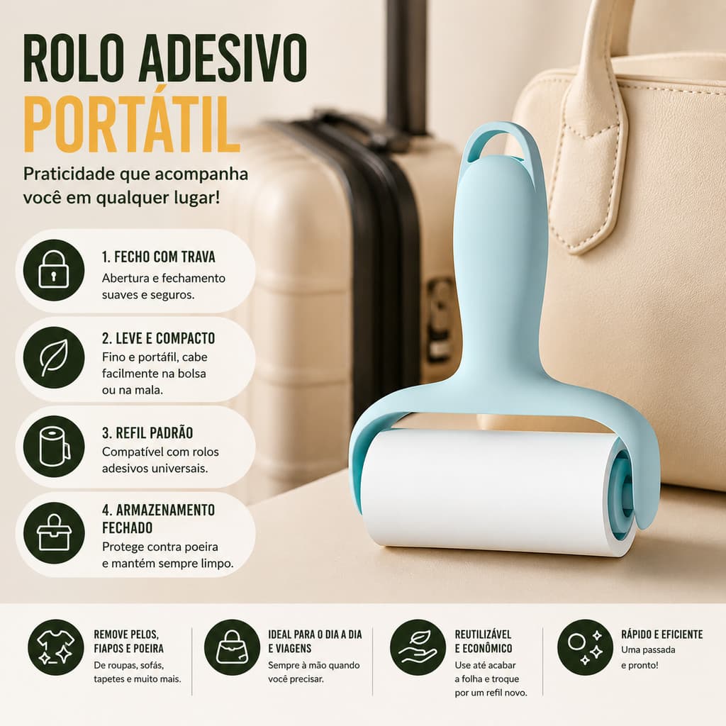 Rolo Tira Pelos Adesivo Portátil com 3 Refis para Remover Pelos de Pets Fiapos Poeira de Roupas Sofá e Estofados