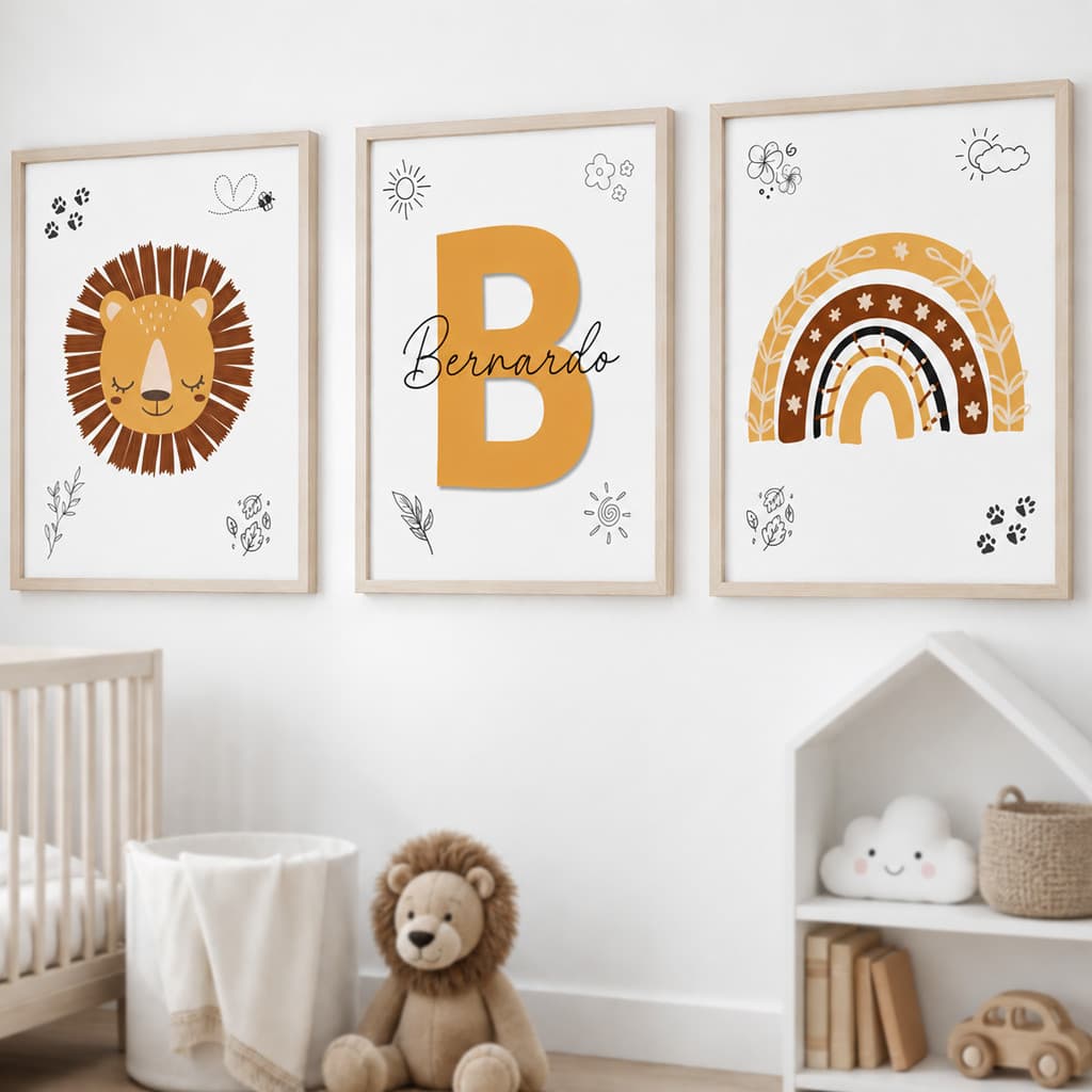 Quadro Decorativo Leão Arco Iris Boho Minimalista Escandinavo Personalizado com Nome