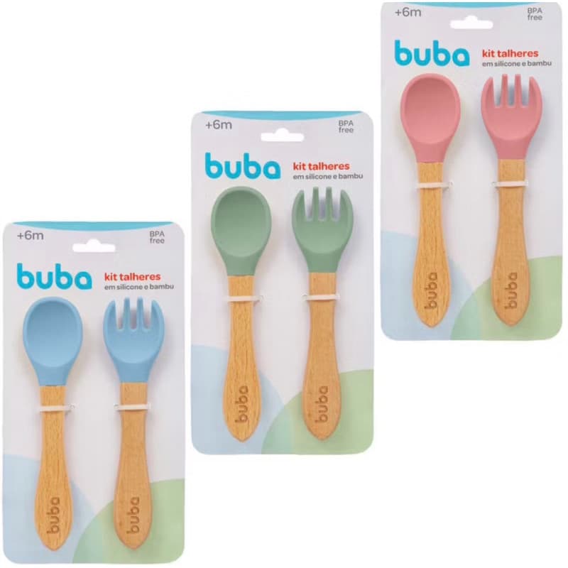 Kit Colher Garfo de Silicone Bambu para Bebê Macio Introdução Alimentar Buba