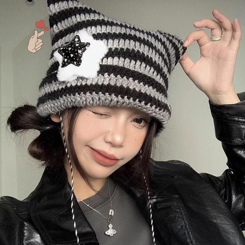 [PEBR] Bonito Moda Outono Inverno Orelhas De Gato Chapéus Para Mulheres Meninas Punk Listrado Engrossado Boné Quente Bol