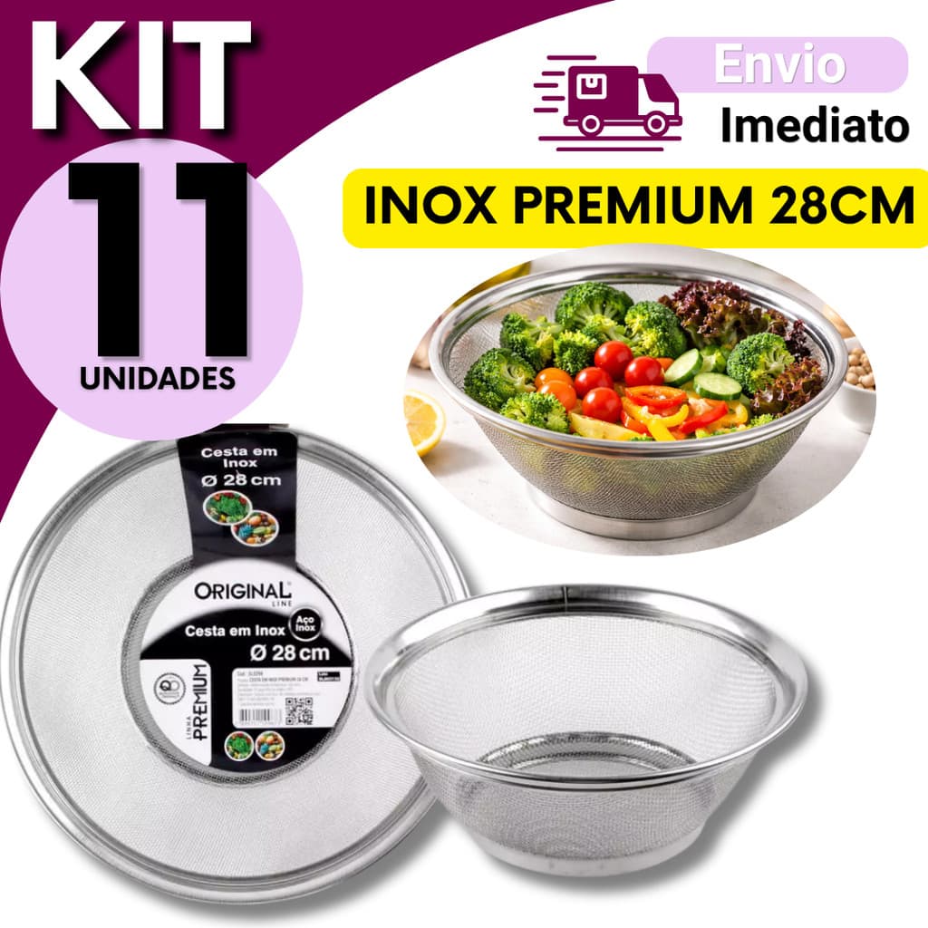Cesta Cesto Escorredor Inox 28cm Multiuso 5, 7, 9 ou 11 unidades Para Lavar Alimentos Frutas Legumes Arroz Massas