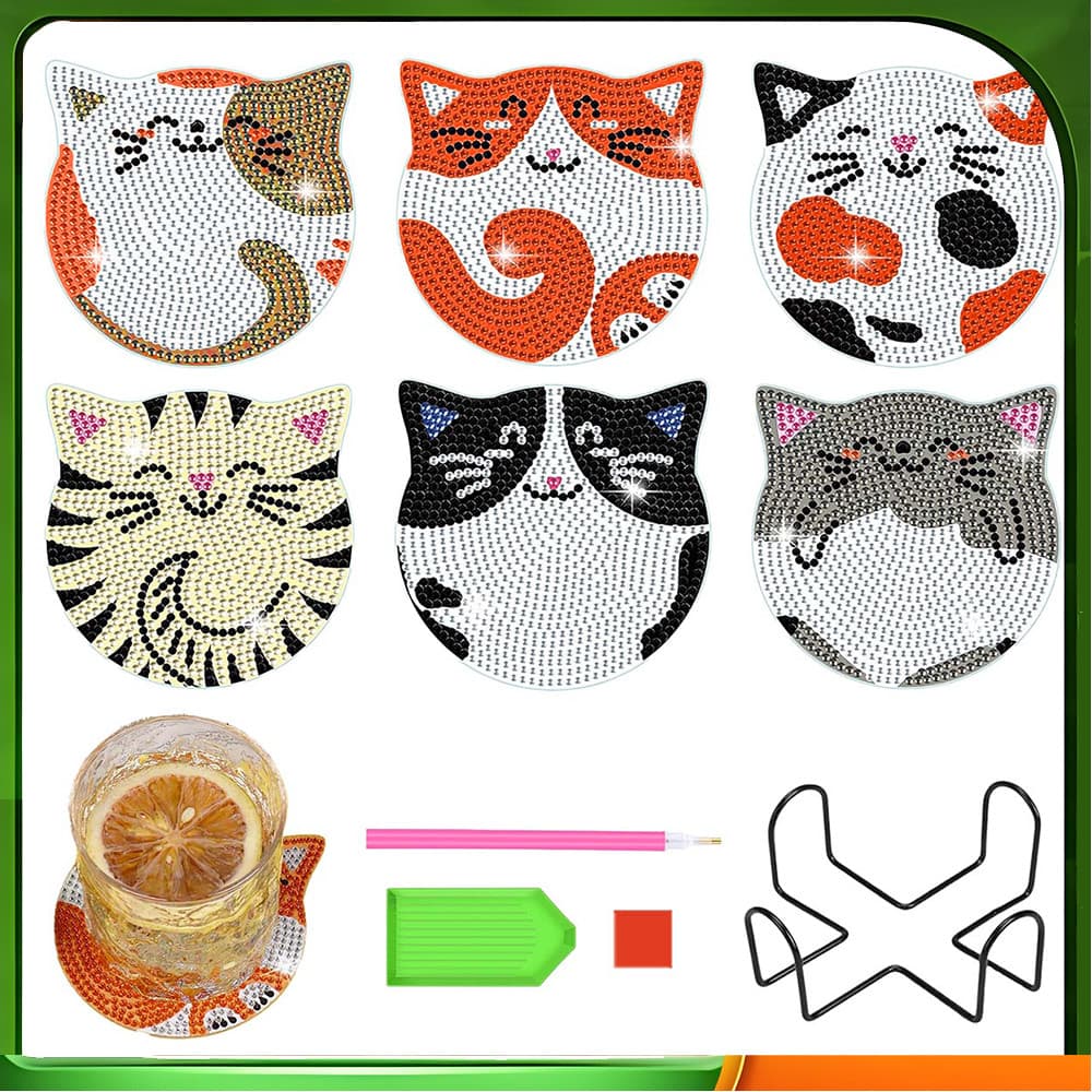 Bonito bonito gato tema pintura diamante Coaster pacote de Material artesanal com broca caneta bandeja cola casa produçã