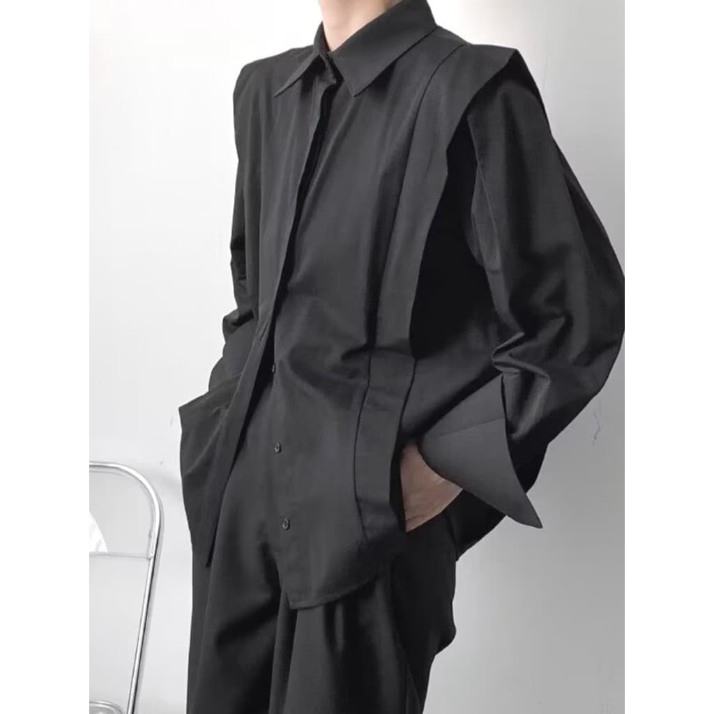 Design de botão oculto francês sentir falso camisa de duas peças masculina High-End sentimento solto de manga comprida e