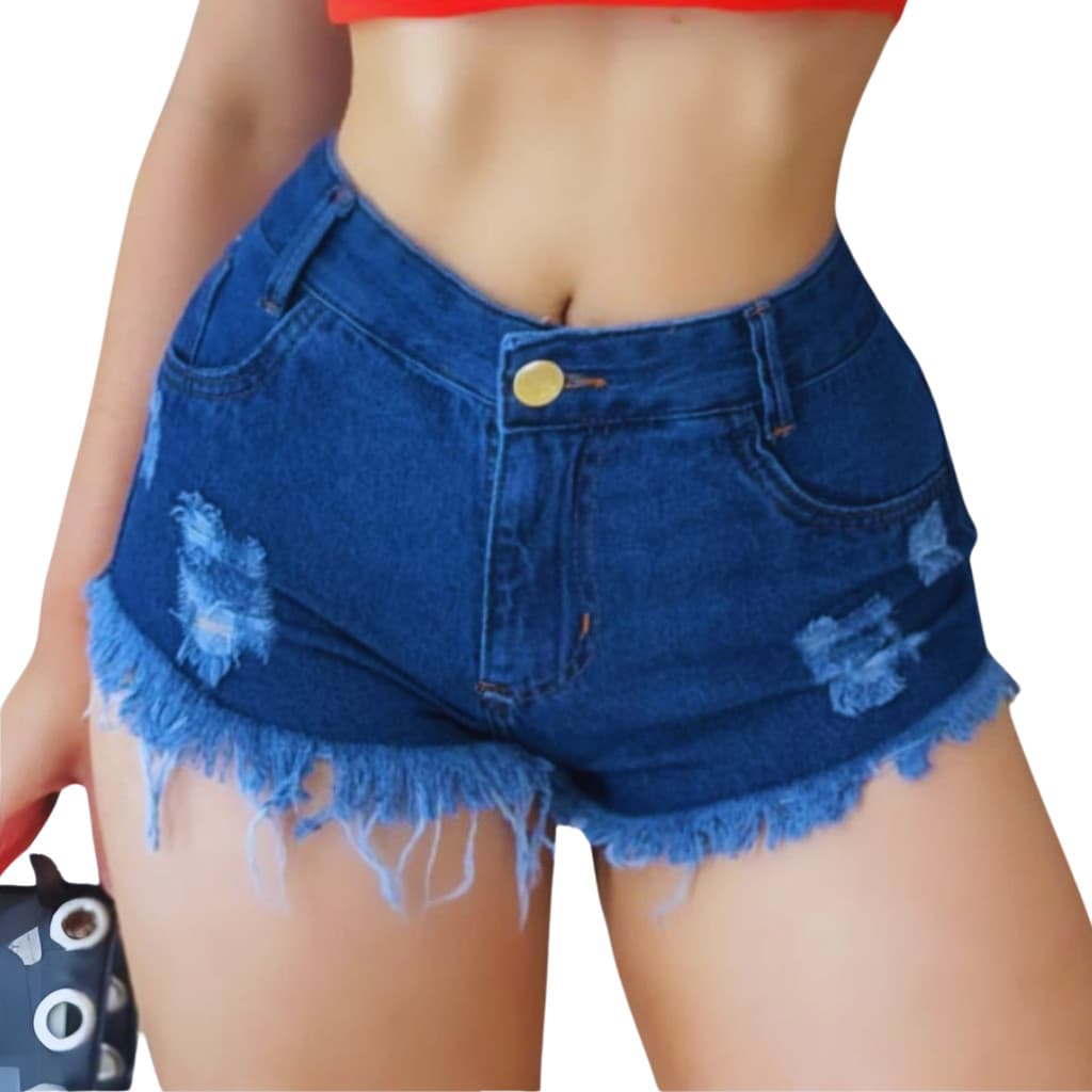 Short Jeans Feminino Azul Escuro Curto Barra Desfiada ModaZ