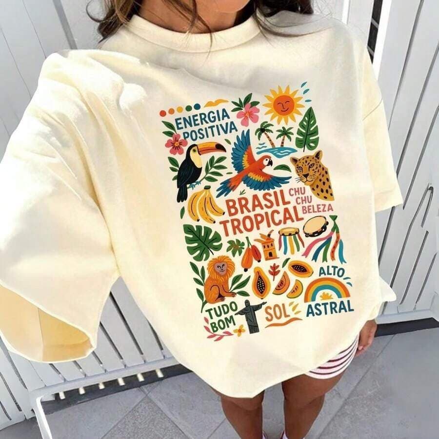 Blusa camiseta 100% algodão gola redonda estampa primavera verão tendencia em moda feminina inspiração camisa