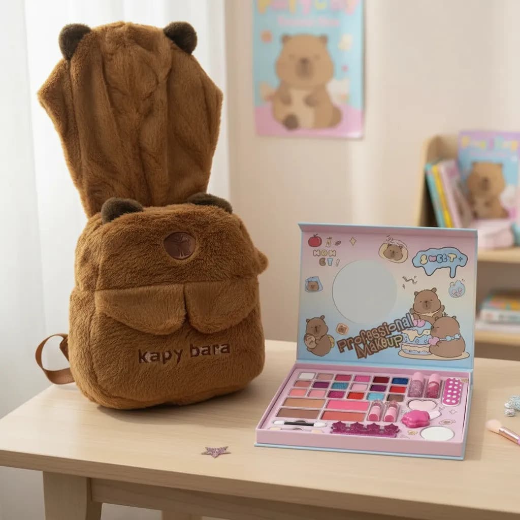 Kit Maquiagem Infantil + Mochila Capivara Com Touca