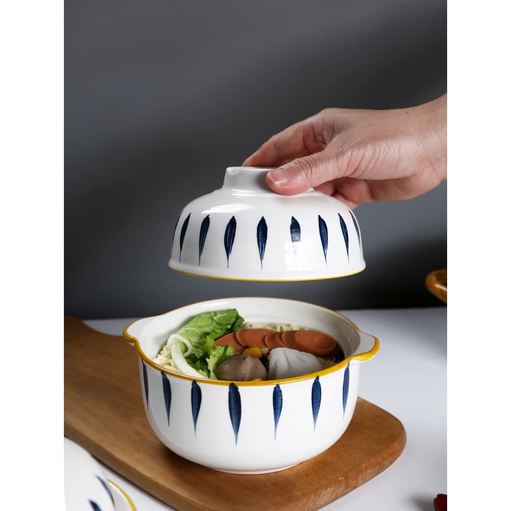 Tigela de macarrão instantâneo estilo japonês, tigela de sopa de macarrão de cerâmica com orelha dupla para estudantes c