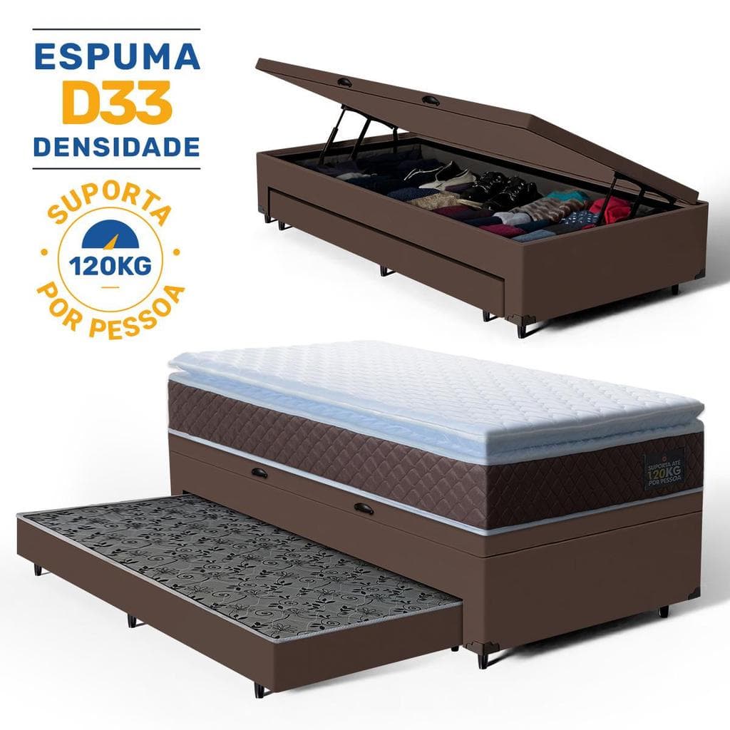 Cama Box Baú com Colchão de Espuma D33 Pillow Top Ortopédico Comfort Luxo + Auxiliar Unique Solteiro 88cm