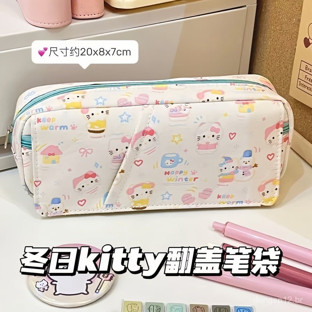 Estojo de lápis dobrável KT cat de inverno, estojo de lápis de grande capacidade para estudantes.