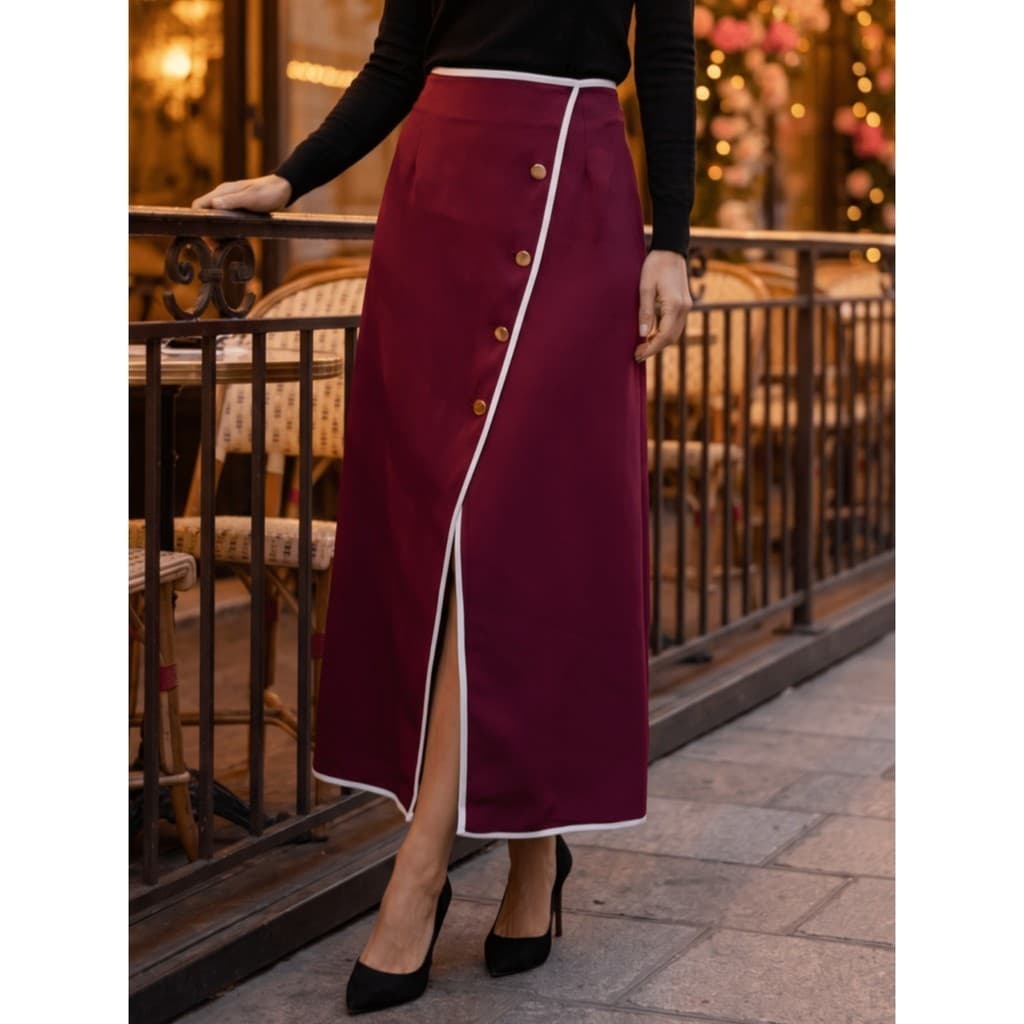 Saia Midi Evasê Com Botões Na Frente E Design Exclusivo, Primavera Elegante