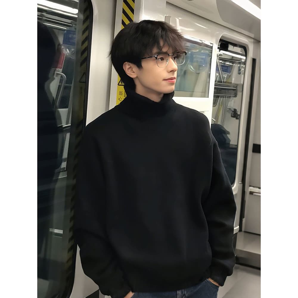 Preto meia gola alta alemão veludo camisa de fundo estilo masculino estilo coreano usar moletom de ombro frontal forro d