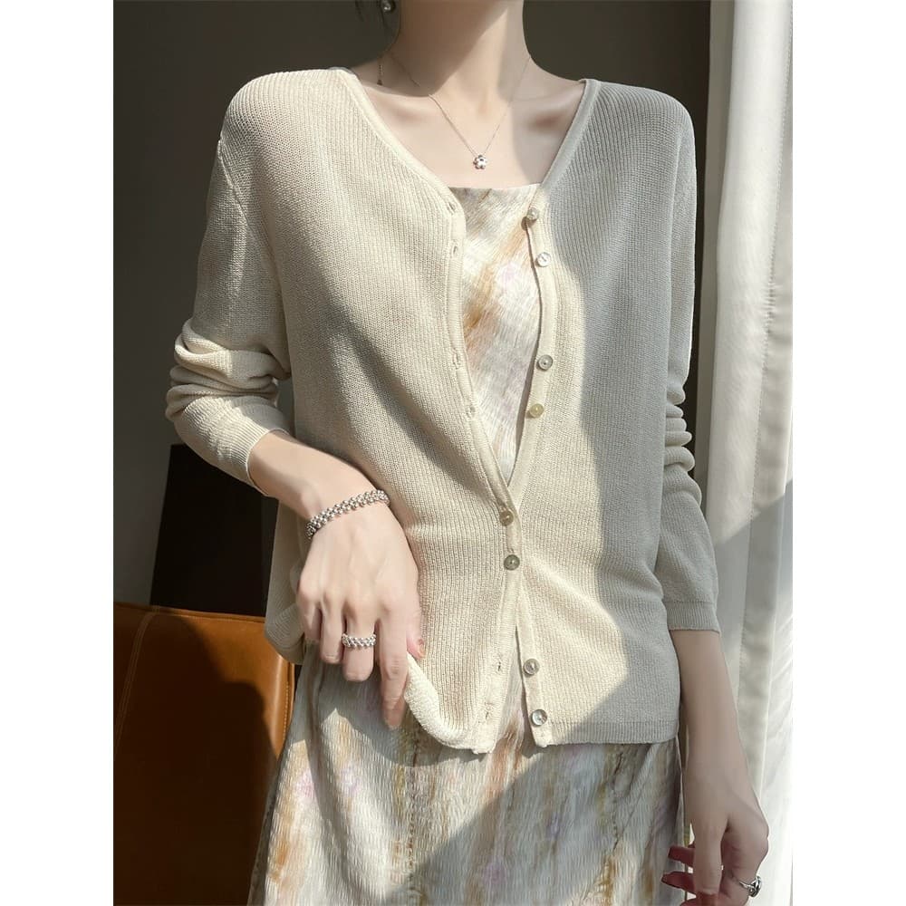 Cardigan protetor solar de seda gelo jaqueta de malha feminina fina solta manga comprida camisa de ar condicionado prima
